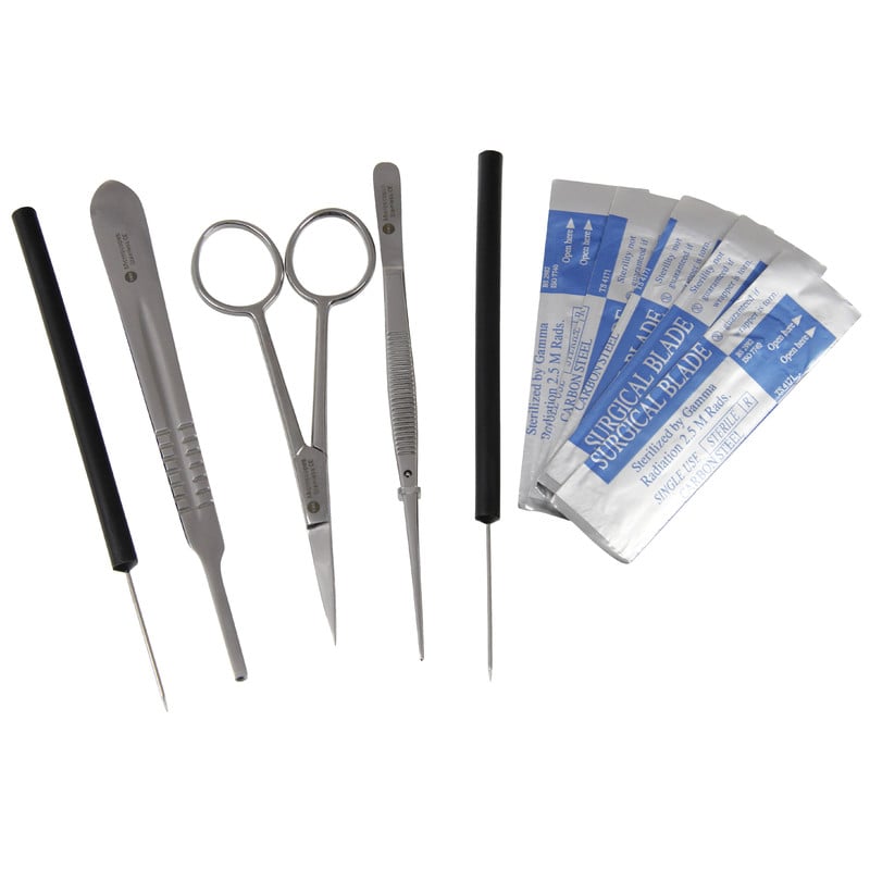Omegon Microscope set, 7-piece 1 Omegon Microscope set 7-piece 1 Omegon Microscope set 7-piece with tweezers, scissors, preparation needles, scalpel holder and blades