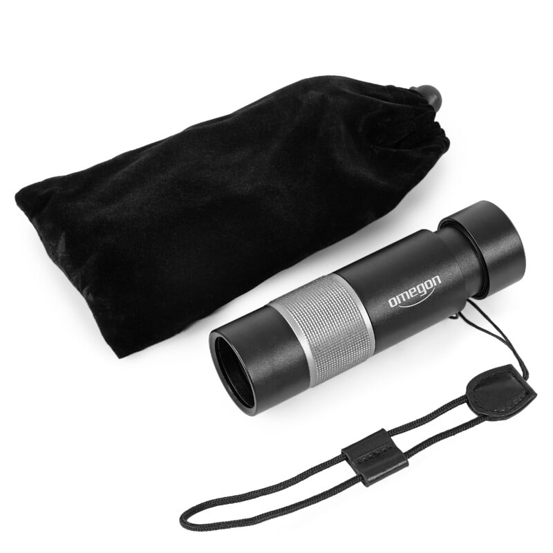 Omegon Mono ED Monocular 10x32 2 Omegon Monocular Mono 10x32 ED 1 Omegon Mono ED Monocular 10x32 with storage velvet pouch, hand strap and accessories in displayed set