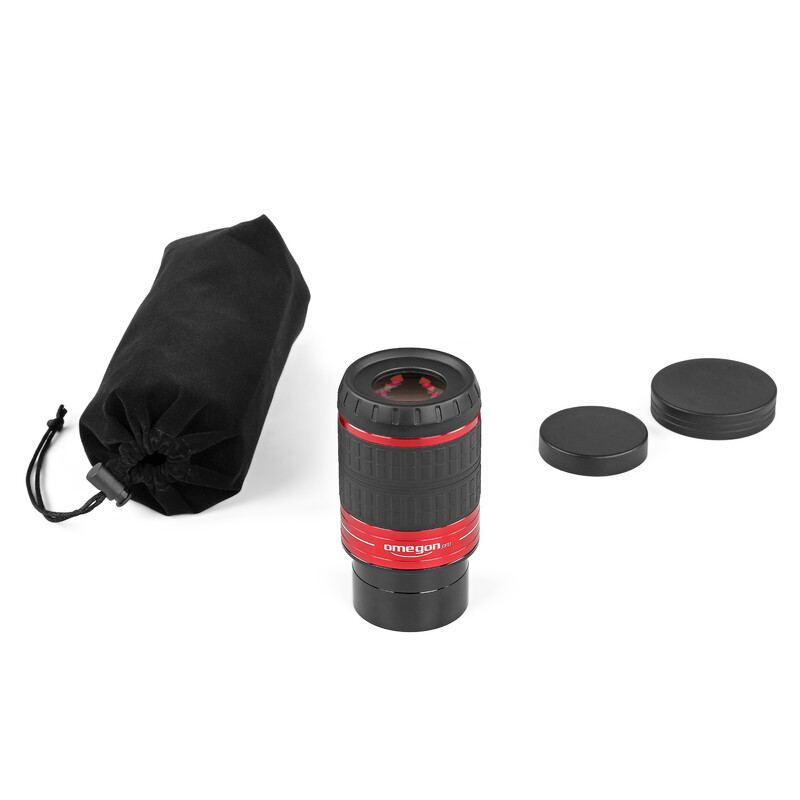 Omegon 20mm Eyepiece OGDO 80° 1 Omegon Eyepiece OGDO 20mm 80d 1 Omegon OGDO Eyepiece 20mm 80° with velvet bag, objective and eyepiece caps displayed next to eyepiece.