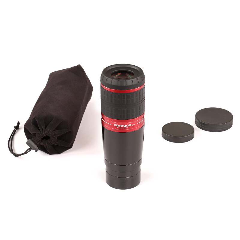 Omegon 4mm Oculair 80° OGDO 1 Omegon Oculair OGDO 4mm 80d Omegon OGDO Oculair 4mm 80° inclusief opbergtas, lensdop en oculairdop geplaatst op witte ondergrond.