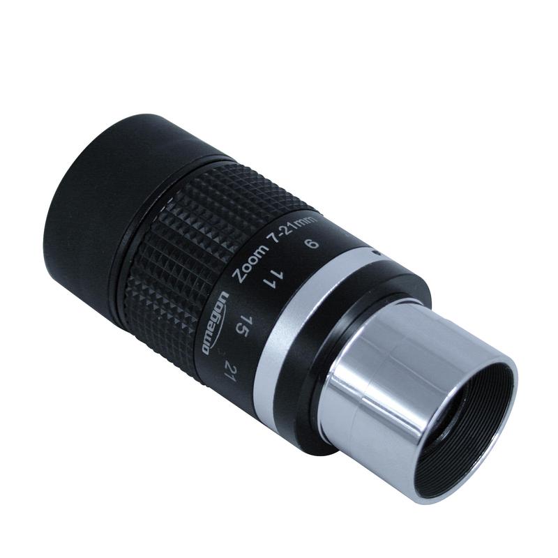 Omegon 7-21mm Zoom Oculair Super Plössl (1,25 inch) 2 Omegon Oculair Super Ploessl Zoom 7 21mm 1 25 Omegon 7-21mm Zoom Oculair schuin perspectief met zicht op 1,25" vatting en schaalverdeling 7–21mm.