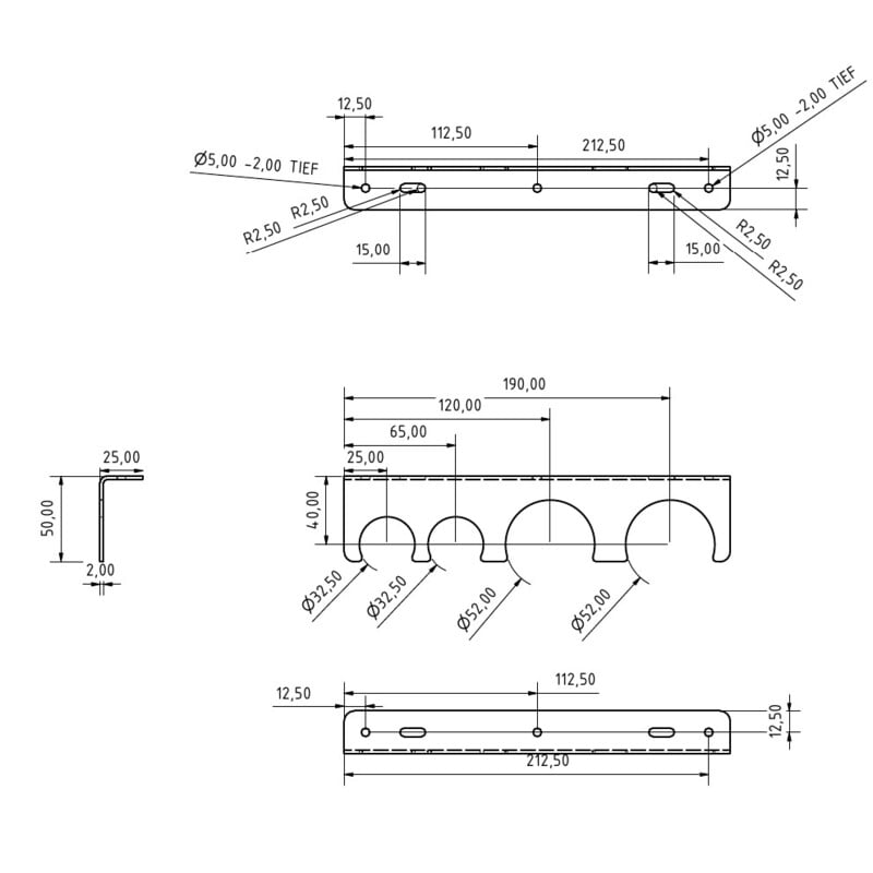 Omegon Eyecup Set 2x 2" + 2x 1.25" 2 Omegon Eyecup 2x 2 2x 1 25 Omegon Eye Shell 2x 2" technical drawing with exact dimensions and drill holes indicated.