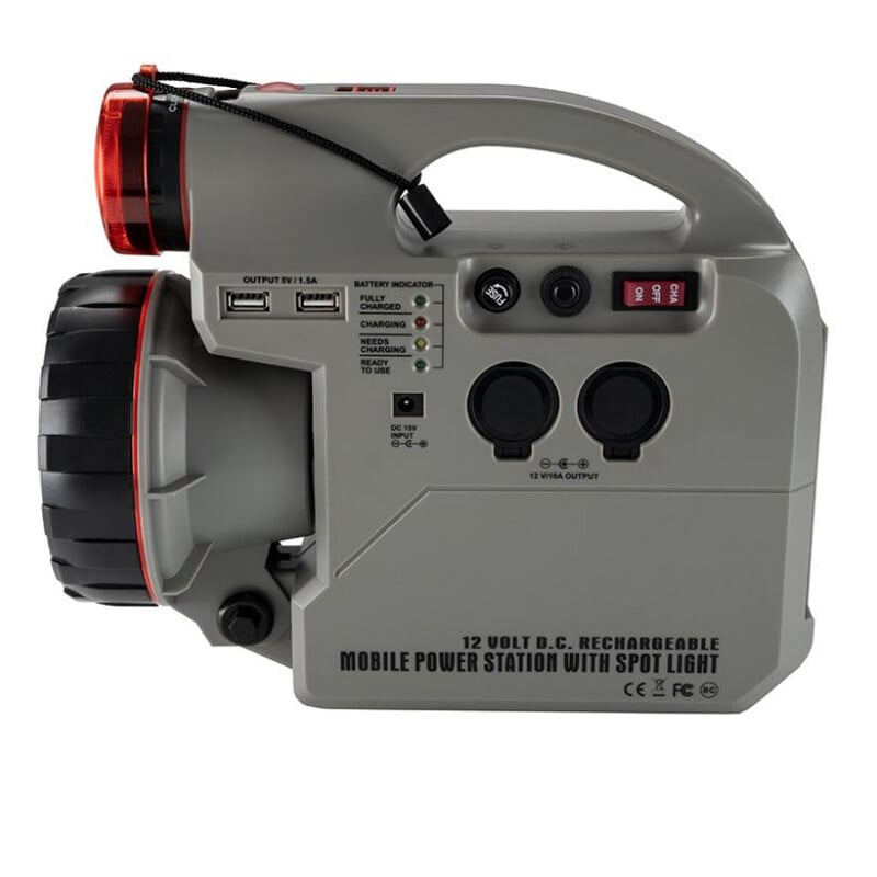 Omegon Powertank 7Ah (84Wh) 1 Omegon Powertank 7Ah 84Wh 1 Omegon Powertank front view of mobile battery with connectors, LED indicators, USB and 12V outputs
