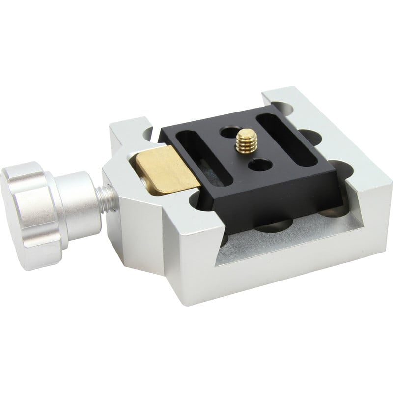 Omegon Premium Clamp 2 Omegon Premium Clamp Omegon Premium clamp angled side view of prism clamp with clamping screw and mounting plate