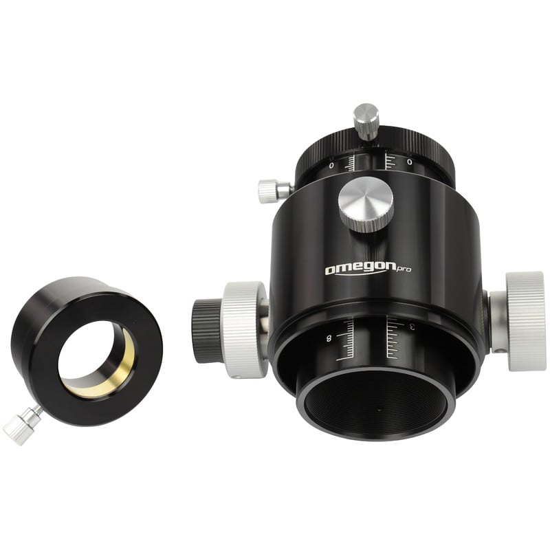 Omegon Pro Crayford-Focuser 2'' Newton Dual Speed 1 Omegon Pro 2 Newton Crayford focuser Dual Speed 3 Omegon Pro Crayford-focuser 2 inch achteraanzicht met dubbele knoppenconfiguratie en scherpstelmechaniek