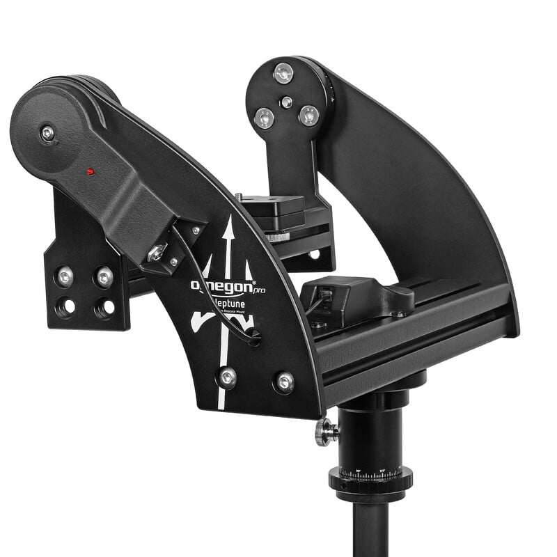 Omegon Fork Mount Pro Neptune Push+ Go Fork Mount For Large 2 Omegon Pro Neptune Push Go Fork Mount For Large Binoculars Omegon Pro Neptune Push+ Go fork mount diagonal rear view with black aluminum arms and axes