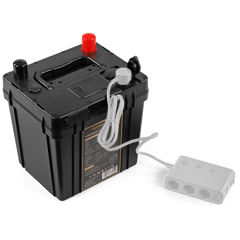 Omegon Pro Powerbank 240k LiFePO4 768Wh 12V 1 Omegon Pro Powerbank 240k LiFePO4 768Wh 12V 1 Omegon Pro Powerbank 240k LiFePO4 768Wh fully connected with multiple 12V ports and matching expansion module.
