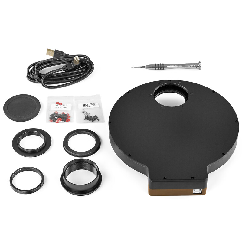 Omegon Pro EFW-L 7x2'' Filterwiel 2 Omegon Pro elektronisch filterwiel EFW L 7x2 4 Omegon Pro EFW-L 7x2'' Filterwiel complete set met accessoires zoals USB-kabel, adapterringen en handleiding.