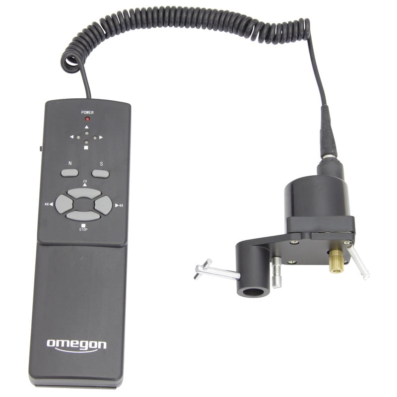 Omegon RA-Motor voor EQ-3 (126 mm / 920 mm) en EQ-4 (150 mm / 750 mm) 1 Omegon RA motor voor 126 920 EQ 3 en 150 750 EQ 4 Omegon RA-motor met handcontroller en bevestiging voor rechteklimmingsas van EQ-3 en EQ-4 montering