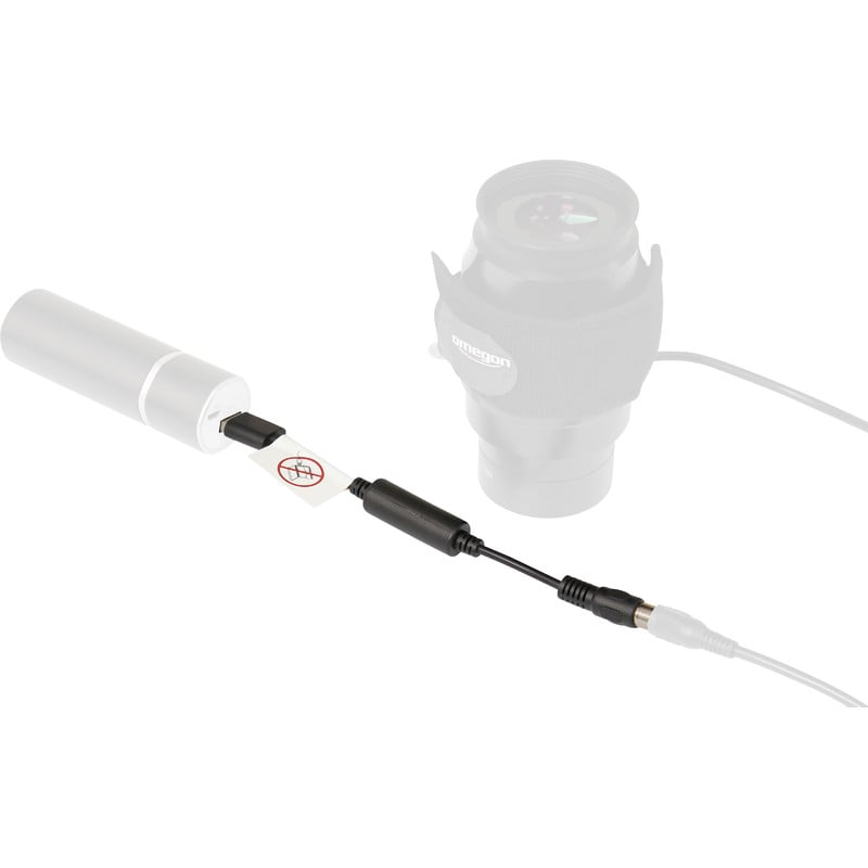 Omegon RCA USB Kabel voor Dauwlinten 1 Omegon RCA USB kabel voor dauwlinten Omegon RCA USB kabel aangesloten op powerbank en dauwlint bij oculair voor directe verwarming
