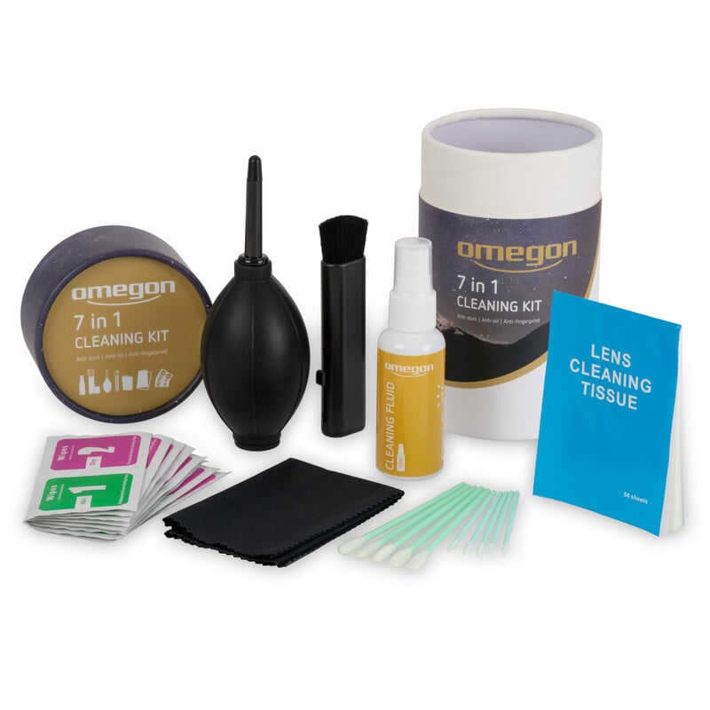 Omegon Reinigingsset 7-in-1 voor Optieken 1 Omegon Reinigingsset 7 in 1 voor optieken 5 Omegon Reinigingsset 7-in-1 complete inhoud met flacon, blaasbalg, lenspen, doekjes en papieren