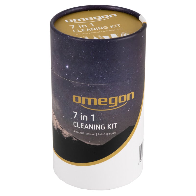 Omegon Reinigingsset 7-in-1 voor Optieken 2 Omegon Reinigingsset 7 in 1 voor optieken Omegon Reinigingsset 7-in-1 ronde opbergdoos met Omegon-logo en productlabel