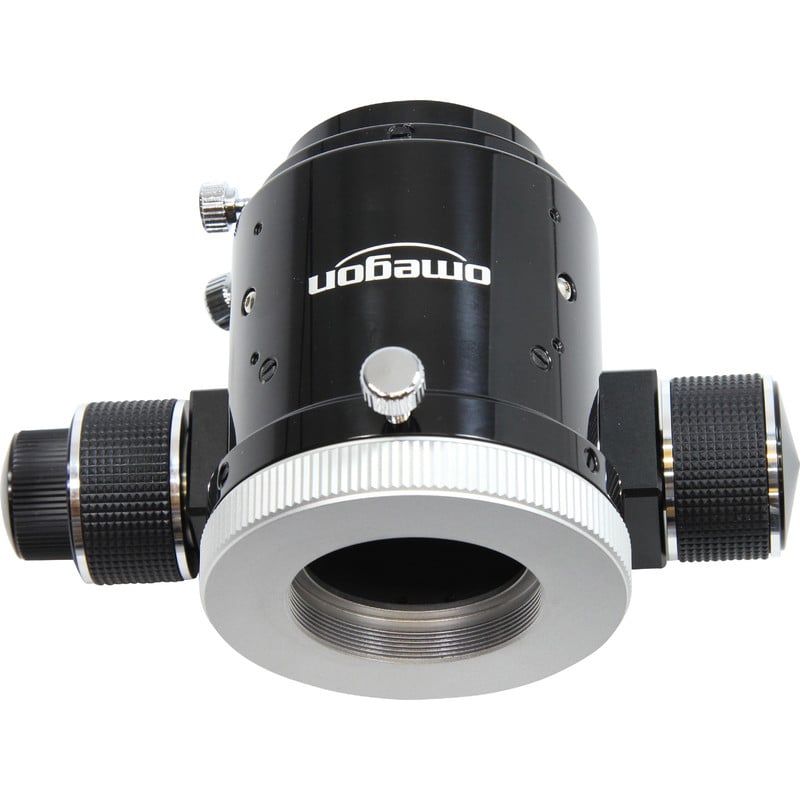 Omegon Hybrid Crayford Focuser SC Dual Speed 2" 1 Omegon SC Hybrid Crayford Dual Speed focuser 2 2 Omegon Hybrid Crayford Focuser 2 inch achteraanzicht met hoofdbehuizing en centrale SC-aansluiting