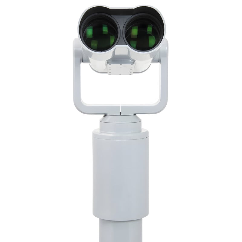 Omegon Bonview 20x100 Sightseeing Coinless – 100mm Verrekijker 2 Omegon Sightseeing telescoop Bonview 20x100 Coinless 6 Omegon Bonview 20x100 Telescoop rear-view van behuizing gemonteerd op grijze vaste standzuil.