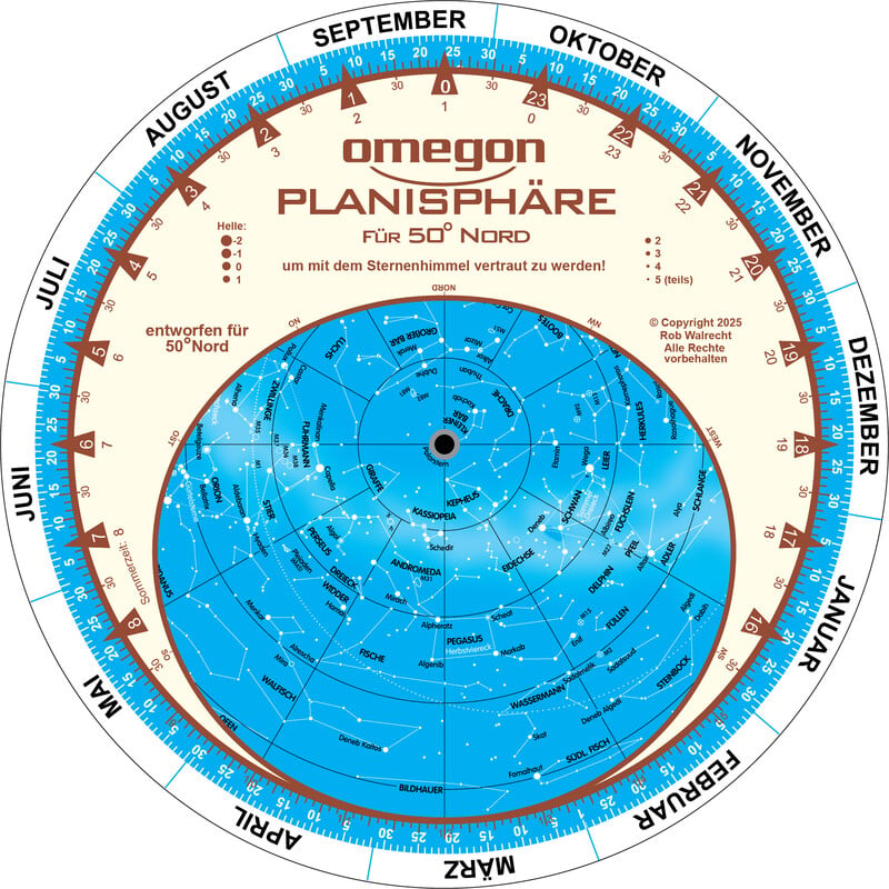 Omegon Sterrenkaart Sternkarte 17,5cm / 50° 1 Omegon Sterrenkaart Sternkarte 17 5cm 50d 1 Omegon sterrenkaart 17,5cm voorzijde met draaibare schijf en schaalverdeling voor datum en tijd