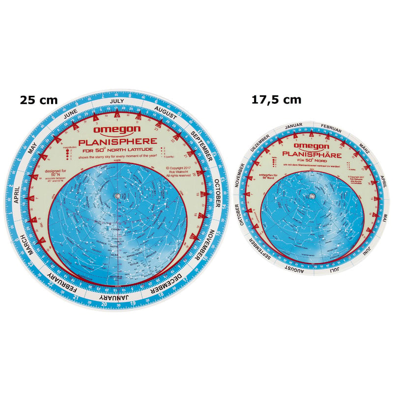 Omegon Planisfeer Sterrenkaart (Italiaans) 1 Omegon Sterrenkaart planisfeer Italiaans Omegon planisfeer vergelijking tussen 25cm en 17,5cm formaten in meerdere talen