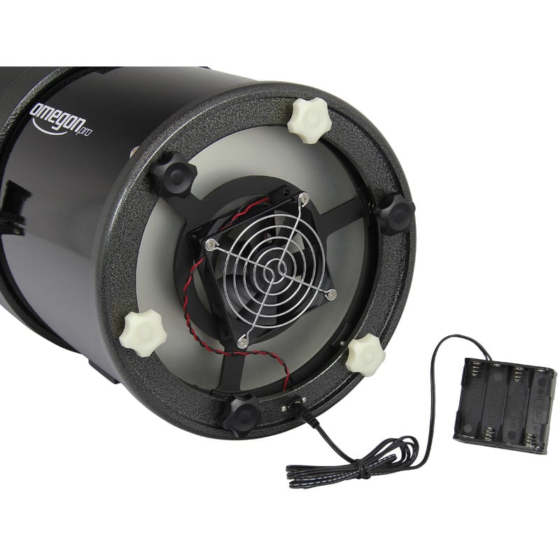 Omegon 254/1016 Pro Astrograph OTA 2 Omegon Telescoop Pro Astrograph 254 1016 OTA 3 Omegon 254/1016 Telescoop achteraanzicht met hoofdspiegelventilator en koelopeningen
