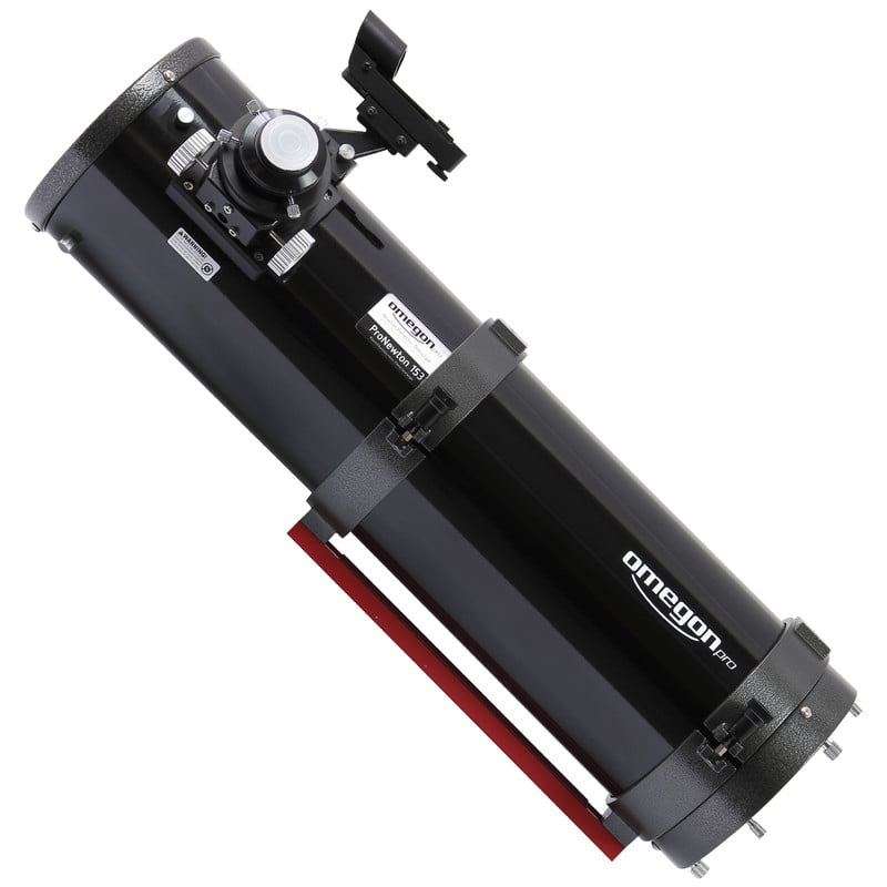 Omegon ProNewton N 153/750 OTA 1 Omegon Telescoop ProNewton N 153 750 OTA 4 Omegon ProNewton N 153/750 Telescoop zijaanzicht met 2" Crayford-focuser, buisringen en Vixen-stijl zwaluwstaart.