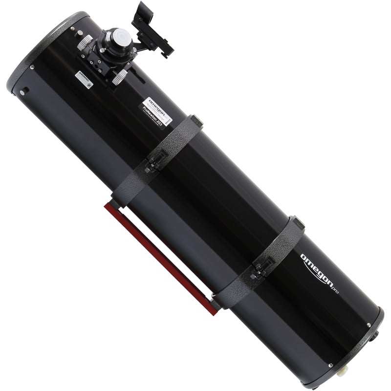 Omegon ProNewton N 203/1000 OTA 1 Omegon Telescoop ProNewton N 203 1000 OTA 4 Omegon ProNewton N 203/1000 Telescoop zijaanzicht van optiekbuis met Crayford-focuser, metalen buisringen en Vixen-stijl zwaluwstaart.