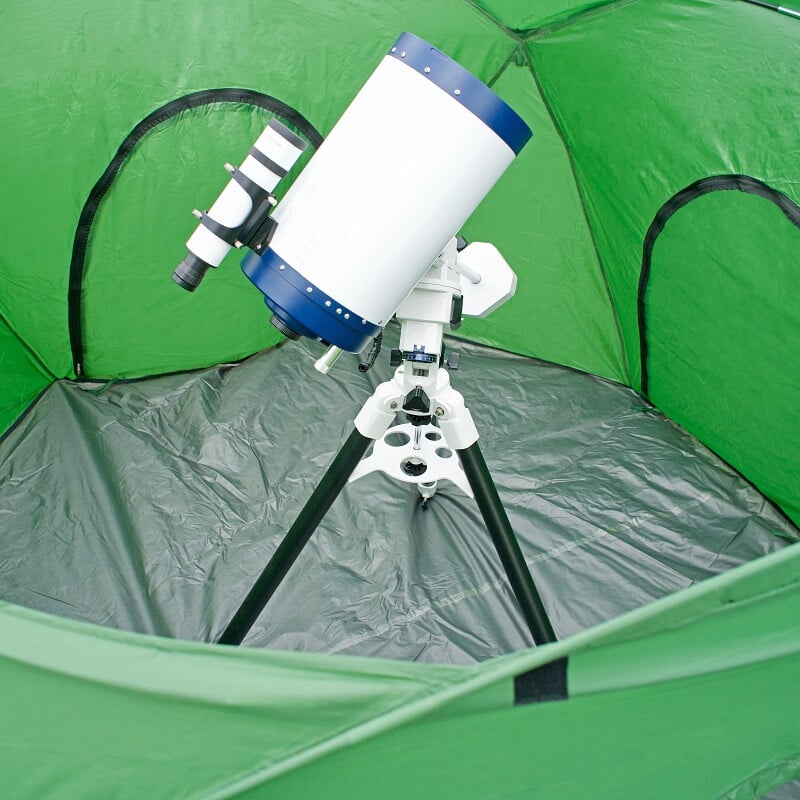 Omegon Observatory Tent 2 Omegon Tent observatory Omegon Tent observatory interior view with tripod and telescope on waterproof floor