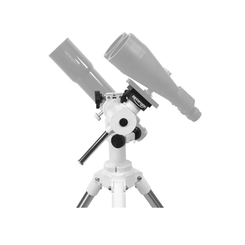 Omegon Twinmaster AZ-montering met Roestvrijstalen Statief 2 Omegon Twinmaster AZ montering met statief uit roestvrij staal Omegon Twinmaster AZ Montering close-up met gemonteerde verrekijker en contragewichtstang