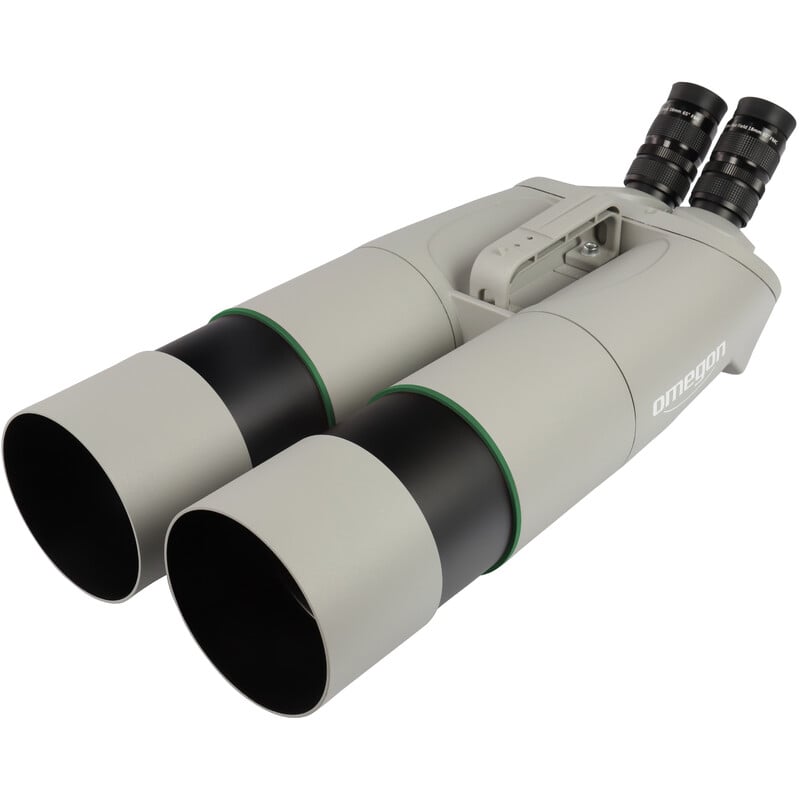 Omegon Brightsky 45° Verrekijkers 30x100, Inclusief Neptune Vorkmontering met Middenzuil en Statief 1 Omegon Verrekijkers Brightsky 30x100 45d verrekijker inclusief Neptune vorkmontering met middenzuil en statief 2 Omegon Brightsky 45° Verrekijkers diagonaal vooraanzicht met opgelijnde oculairs en groene lenscoating