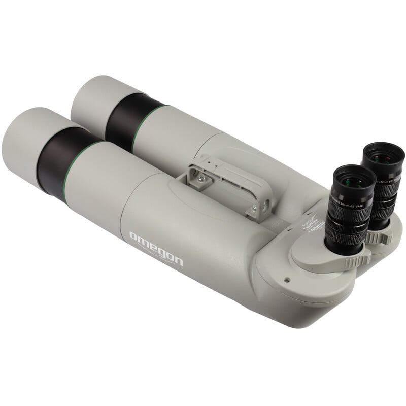 Omegon Brightsky 90° Verrekijkers 30x100 1 Omegon Verrekijkers Brightsky 30x100 90d 8 Omegon Brightsky 90° Verrekijkers zijaanzicht met zicht op handgreep en frontlens met groene coating