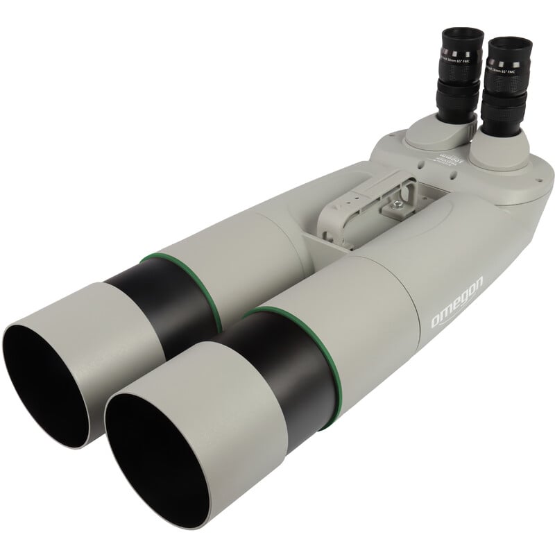 Omegon Brightsky 90° Verrekijkers 30x100, Inclusief Neptune Vorkmontering met Middenzuil en Statief 1 Omegon Verrekijkers Brightsky 30x100 90d verrekijker inclusief Neptune vorkmontering met middenzuil en statief 2 Omegon Brightsky 90° Verrekijkers diagonaal vooraanzicht met 100 mm lenzen, oculairs en centrale draaggreep
