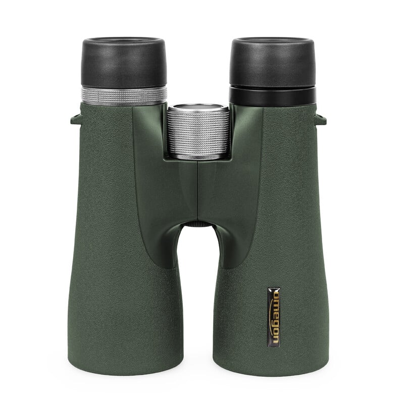 Omegon Hunter 2.0 ED Verrekijkers 12x50 2 Omegon Verrekijkers Hunter 2 0 12x50 ED 2 Omegon Hunter 2.0 12x50 ED verrekijker vooraanzicht rechtop met zicht op scherpstelwiel en oculairdoppen