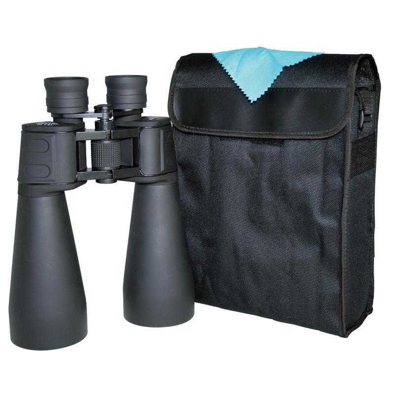 Omegon Nightstar Binoculars 15x70 2 Omegon Binoculars Nightstar 15x70 1 Omegon Nightstar Binoculars upright with view eyepieces, focusing mechanism and included bag