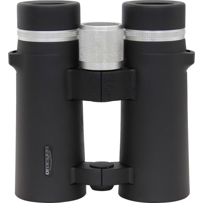 Omegon Talron HD Verrekijkers 8x42 2 Omegon Verrekijkers Talron HD 8x42 3 Omegon Talron HD Verrekijkers 8x42 vooraanzicht met zicht op aluminium brugscharnier en scherpstelwiel