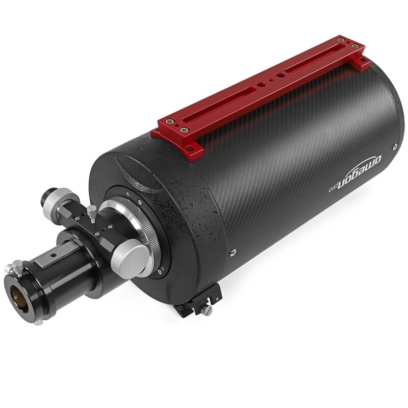 Omegon Pro RC 154/1370 OTA 1 Omegon Volledige buis Ritchey Chretien Pro RC 154 1370 OTA 1 Omegon RC 154/1370 Ritchey-Chretien telescoop schuin achteraanzicht met focuser en rode bevestigingsplaat
