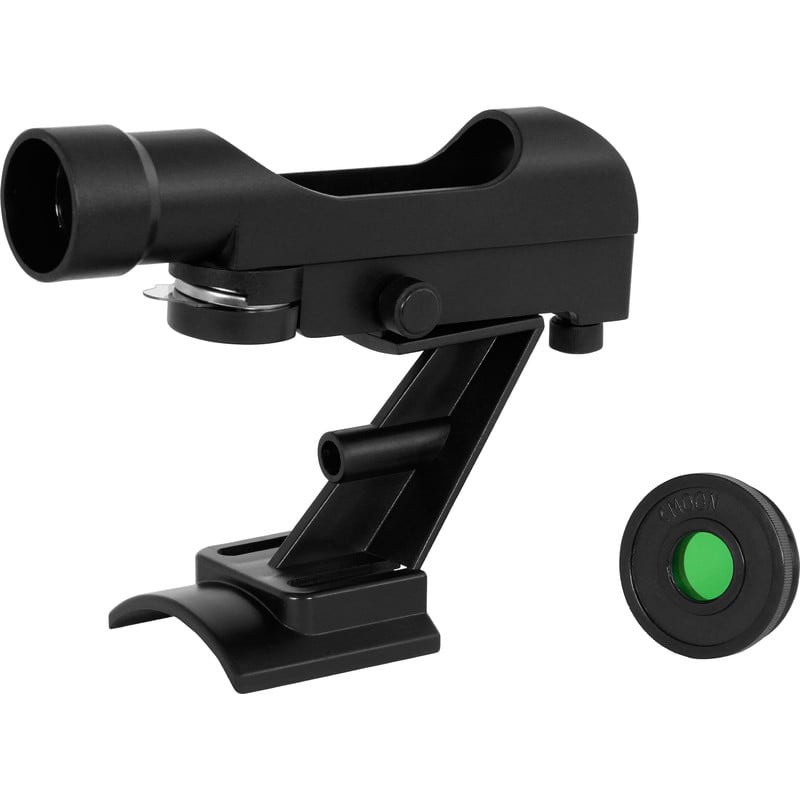 Omegon Zoeker Upgradekit Mini Dobson 1 Omegon Zoeker upgradekit Mini Dobson 1 Omegon Zoeker Upgradekit met LED-zoeker en maanfilter zijaanzicht op witte achtergrond
