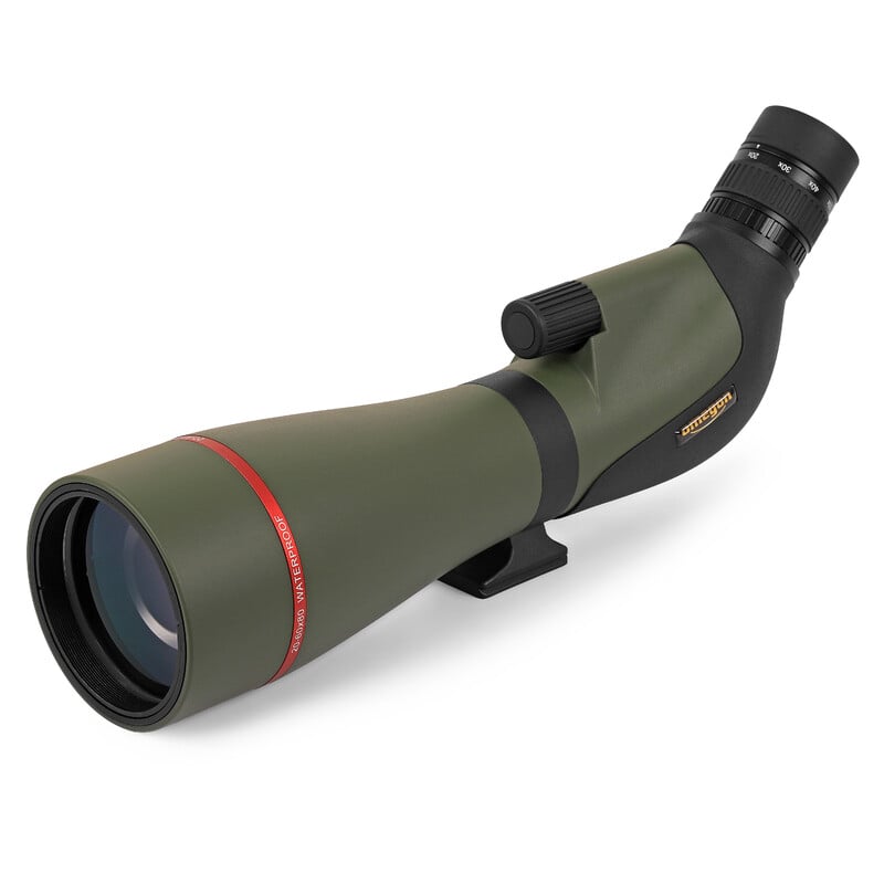 Omegon Zoom Spotting Scope 20-60x80 mm met Aluminium Driepootstatief en Panoramakop 1 Omegon Zoom spottingscope 20 60x80mm Statief en panhead 10 Omegon Zoom Spottingscope 20-60x80mm vooraanzicht met grote objectieflens en groene behuizing