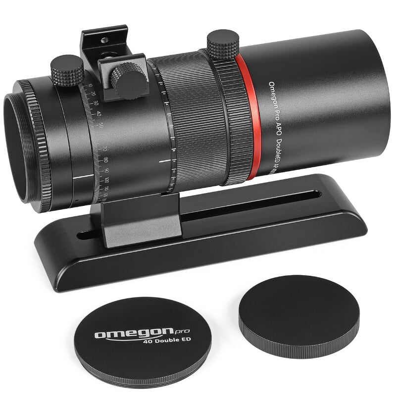 Omegon Pro APO DoubleED AP 40/180 Sixtuplet OTA - 40mm Refractor 1 Omegon apochromatic refractor Pro APO DoubleED AP 40 180 Quadruplet OTA 3 Omegon Pro AP 40/180 Refractor with loose accessories such as end cap and lens cover presented next to OTA.