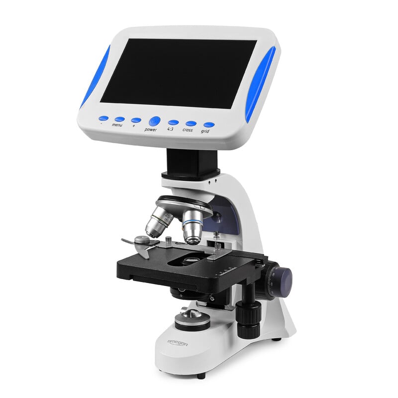 Omegon LcdStar Microscope 200×-800×, led 1 Omegon microscope LCDStar 200t 800t led 5 Omegon LCDStar Microscope 200x-800x diagonal side view with display and adjustment knobs