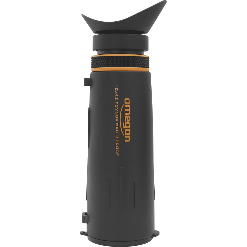 Omegon Monoculair 10x42, Oranje 1 Omegon monoculair 10x42 oranje 3 Omegon monoculair 10x42 OrangeLine zijaanzicht met duidelijke productopdruk en oranje accenten