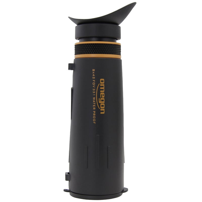 Omegon Monocular 8x42, Orange 1 Omegon monocular 8x42 orange 3 Omegon monocular 8x42 OrangeLine side view of body design with orange ring and Omegon logo