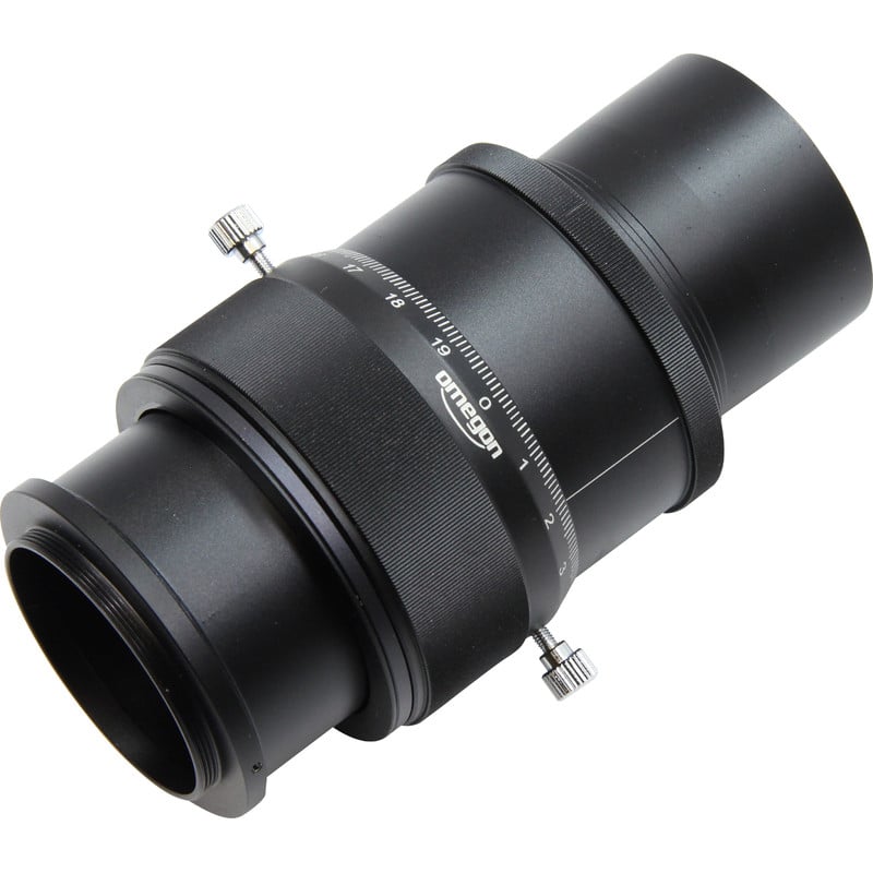 Omegon 2" Helicaal Microfocuser voor fijninstelling 2 Omegon spiraalvormige helicaalfocuser 2 1 Omegon Helicaalfocuser 2 inch close-up van gripgedeelte met markeringen en montagestructuur zichtbaar