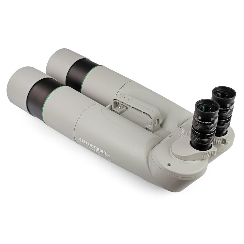 Omegon Brightsky ED-APO Binoculars 30x100 - 90° 1 Omegon binoculars Brightsky ED APO 30x100 90d 6 Omegon Brightsky ED-APO Binoculars 90° landscape side view with view of green lens coating and eyepieces