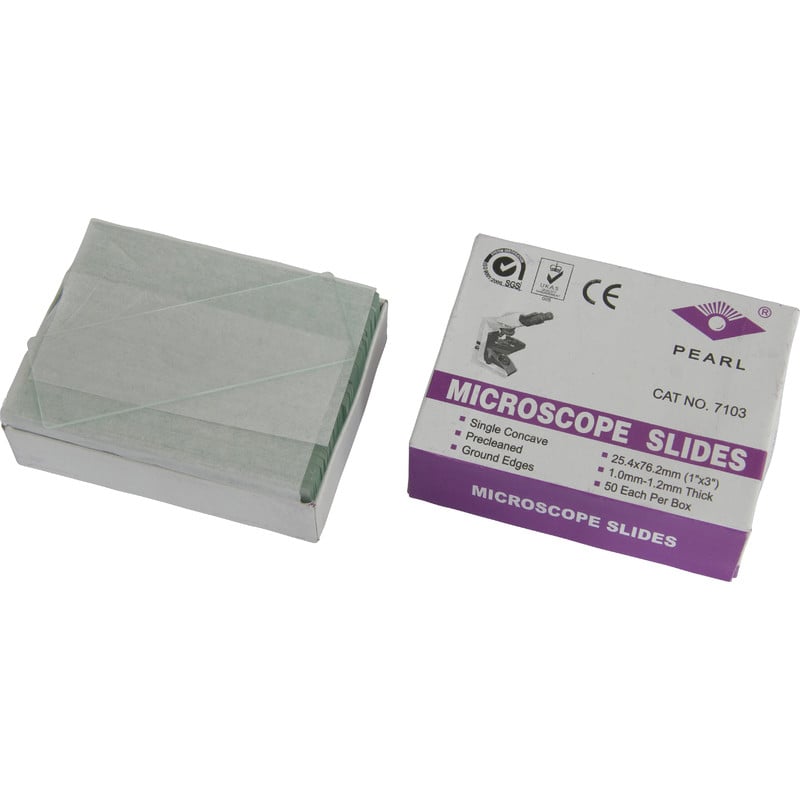 Omegon Voorwerpglaasjes met Holte, 50 Stuk 1 Omegon voorwerpglaasjes met holte 50 stuk Omegon voorwerpglaasjes met holte in open verpakking naast doosje met opschrift Microscope Slides