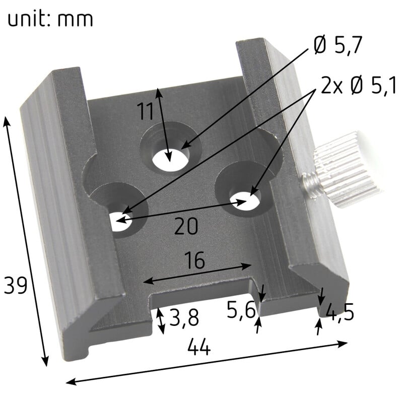 Omegon Zoekerschoen (Vixen-stijl) 2 Omegon zoekerschoen Vixen stijl Omegon zoekerschoen bovenaanzicht met technische afmetingen en maatvoering aangeduid in millimeters