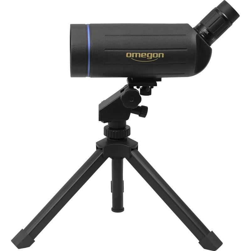 Omegon Zoom Spotting Scope 25-75x70mm 1 Omegon zoom spotting scope 25 75x70mm 1 Omegon Zoom Spotting Scope 25-75x70mm zijaanzicht van behuizing met Omegon-logo en statiefbevestiging