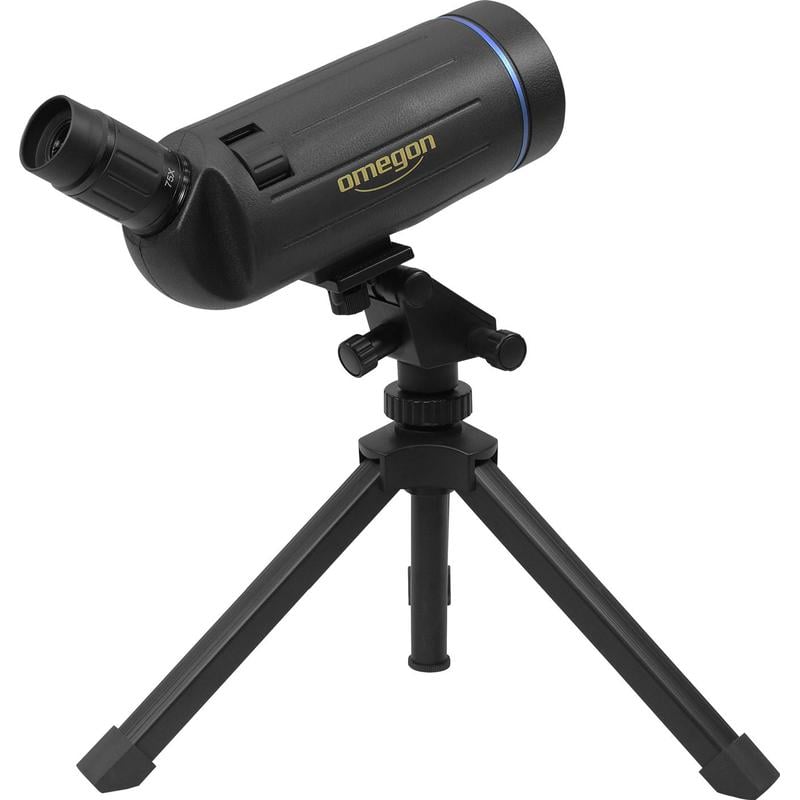 Omegon Zoom Spotting Scope 25-75x70mm 2 Omegon zoom spotting scope 25 Omegon Zoom Spotting Scope 25-75x70mm diagonaal achteraanzicht met oculair en Amici-prisma op statief