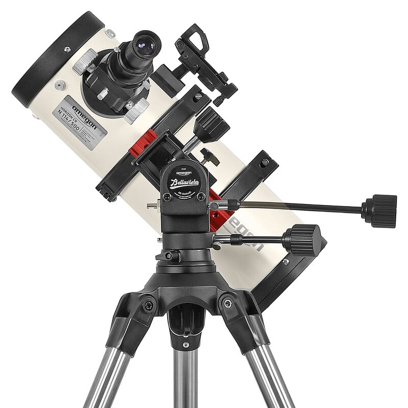 Omegon Horizon N 114/500 AZ-Bellavista – 4,5″ Newton Reflector 1 Omegon Telescoop Horizon N 114 500 AZ Bellavista 7 Omegon N 114/500 Telescoop AZ-Bellavista monteringkop met bedieningsknoppen en bevestigingsplaat op statief