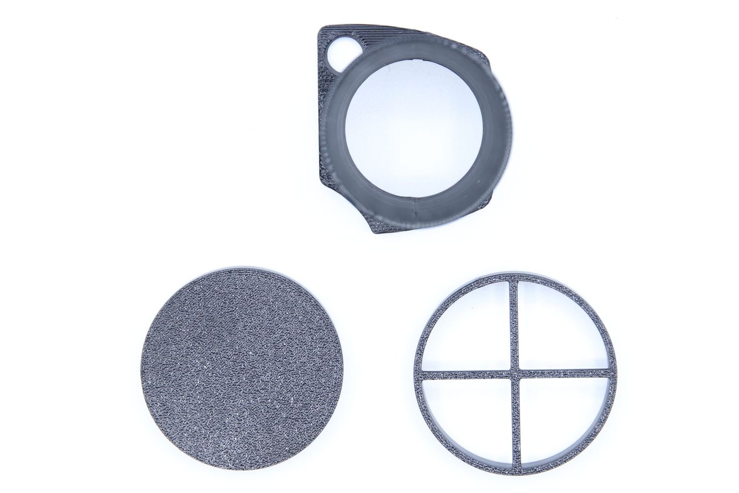 Astroprints Zubehörset für DWARF Mini – Taukappe, Spikemaske & Objektivdeckel componentenoverzicht met ring, spikemaske en objectief-/dark-deksel op witte achtergrond