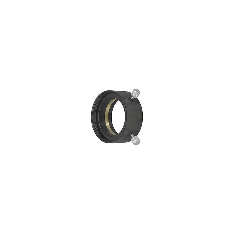TeleVue Adapter 2,4", voor 2" accessoires zwarte 2,4 inch naar 2 inch adapter met twee zilverkleurige klemschroeven en messing klemring op witte achtergrond
