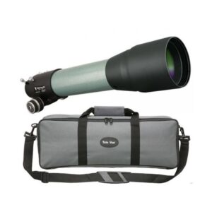 TeleVue Apochromatische Refractor AP 85/600 TV-85 OTA groene APO refractorbuis met zwarte dauwkap en focuser, afgebeeld boven een grijze gevoerde transporttas met schouderriem