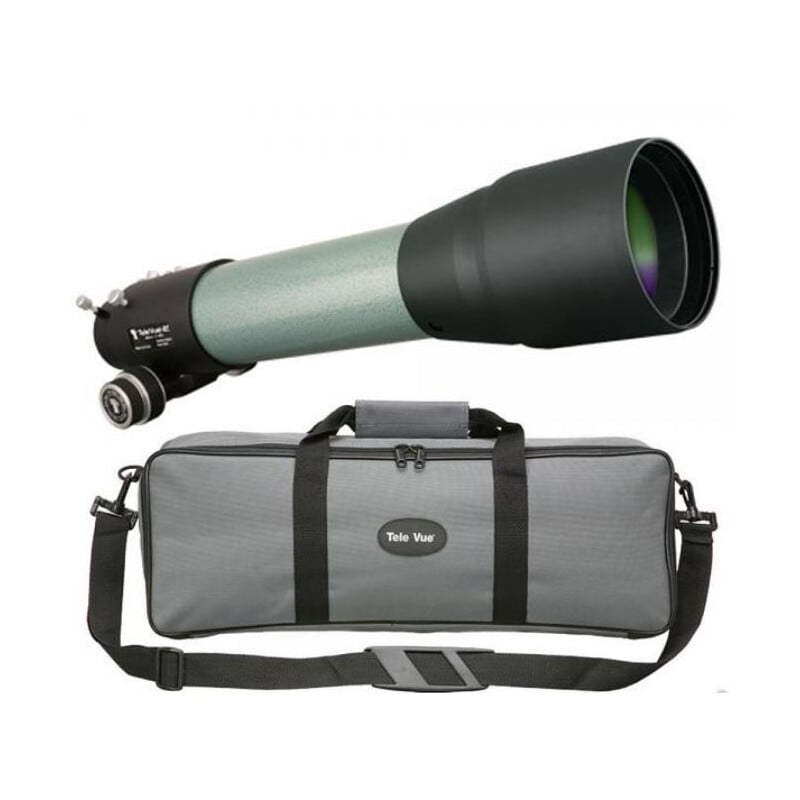 TeleVue Apochromatische Refractor AP 85/600 TV-85 OTA groene APO refractorbuis met zwarte dauwkap en focuser, afgebeeld boven een grijze gevoerde transporttas met schouderriem
