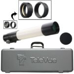 TeleVue Apochromatische refractor AP 101/540 NP-101is Imaging System OTA witte optische buis met zwarte dauwkap en focuser, afgebeeld met transportkoffer, afdekdop en detail van adapterringen